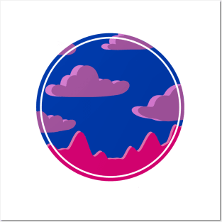 Panorama landscape purple clouds and mountains in a circle (bi flag colors) purple, blue, pink Posters and Art